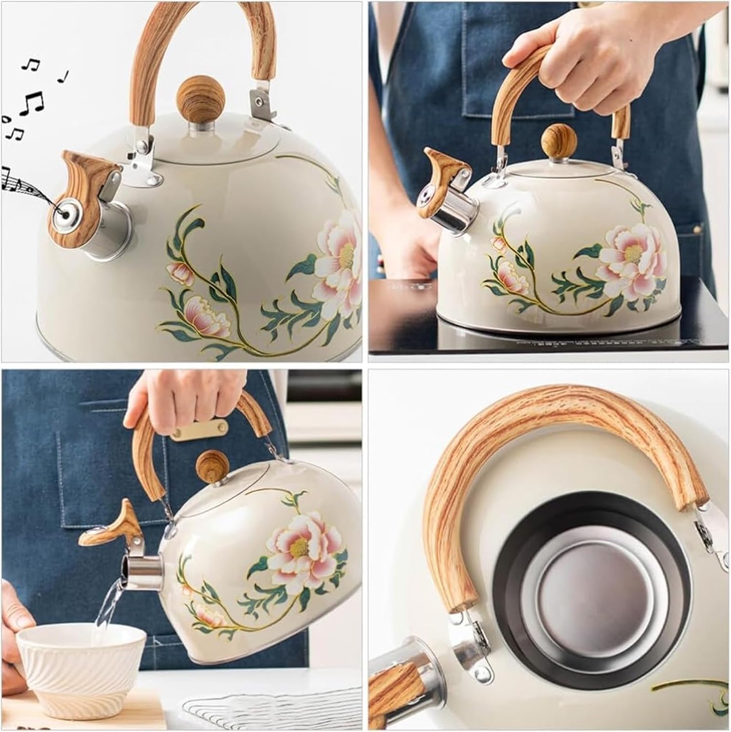 Vintage 3.2 Quart Stainless Steel Tea Pot for Stovetop - Whistling Pink Floral Kettle with Wooden Handle