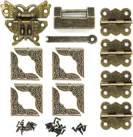 Vintage Antique Bronze Butterfly Hasp Latch Lock Kit for Wooden Jewelry Box Repair - Retro Design Butterfly Hinge & Corner Protectors
