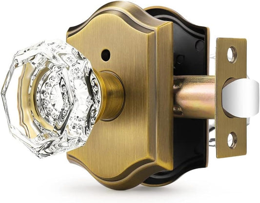 Vintage Antique Bronze Octagonal Crystal Door Knob 1 Pack with Pin Lock - Interior Privacy Handle for Bed/Bathroom