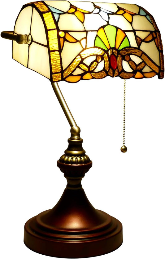 Vintage Beige Baroque Style Banker Lamp with Stained Glass - 10" Wide 15" Tall Tiffany Desk Light for Home Living Room Nightstand