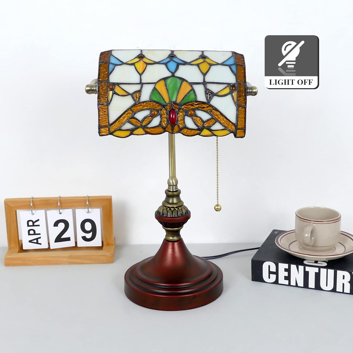 Vintage Beige Baroque Style Banker Lamp with Stained Glass - 10" Wide 15" Tall Tiffany Desk Light for Home Living Room Nightstand