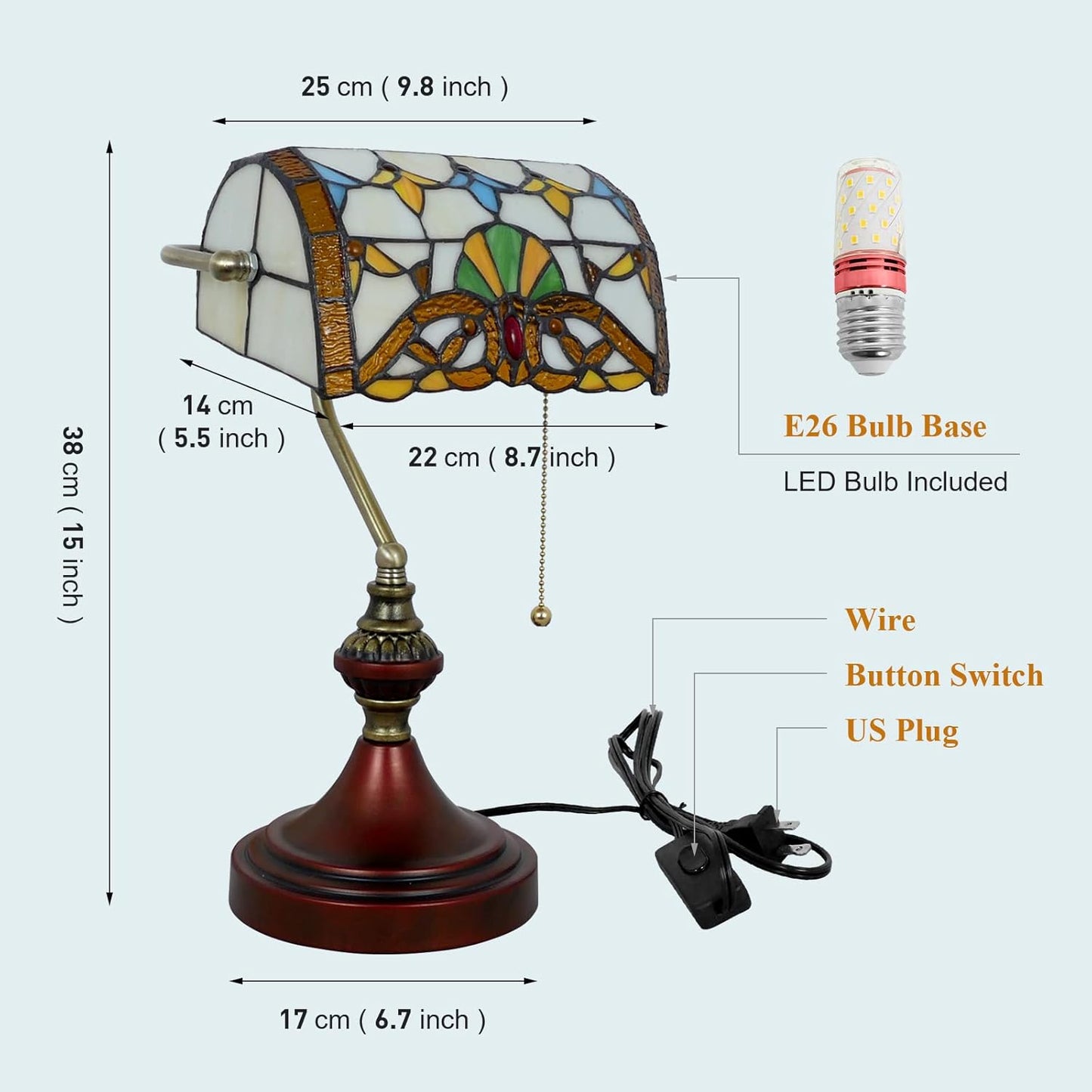 Vintage Beige Baroque Style Banker Lamp with Stained Glass - 10" Wide 15" Tall Tiffany Desk Light for Home Living Room Nightstand