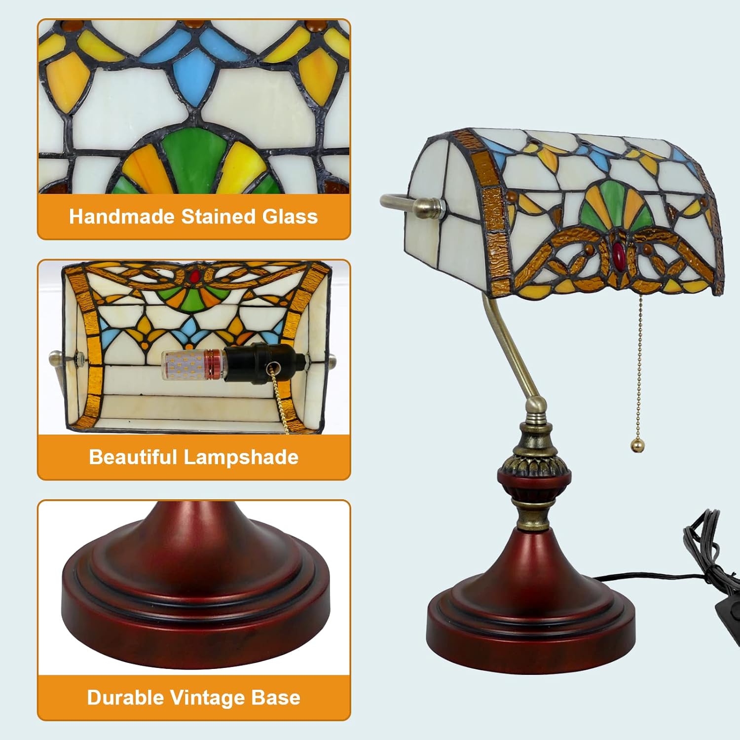 Vintage Beige Baroque Style Banker Lamp with Stained Glass - 10" Wide 15" Tall Tiffany Desk Light for Home Living Room Nightstand