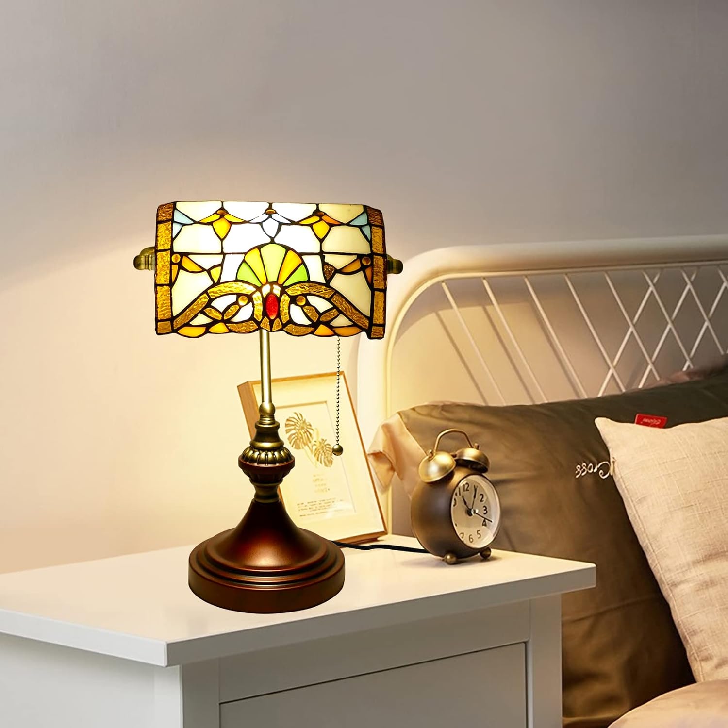 Vintage Beige Baroque Style Banker Lamp with Stained Glass - 10" Wide 15" Tall Tiffany Desk Light for Home Living Room Nightstand