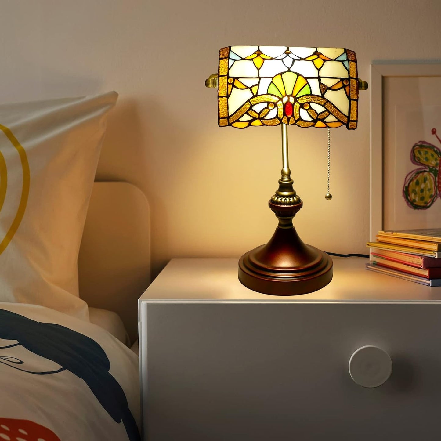 Vintage Beige Baroque Style Banker Lamp with Stained Glass - 10" Wide 15" Tall Tiffany Desk Light for Home Living Room Nightstand