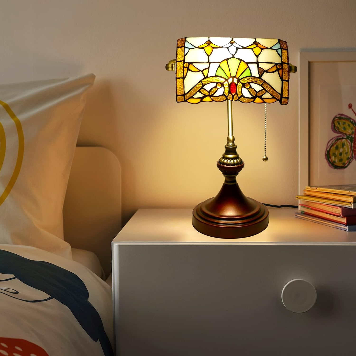 Vintage Beige Baroque Style Banker Lamp with Stained Glass - 10" Wide 15" Tall Tiffany Desk Light for Home Living Room Nightstand