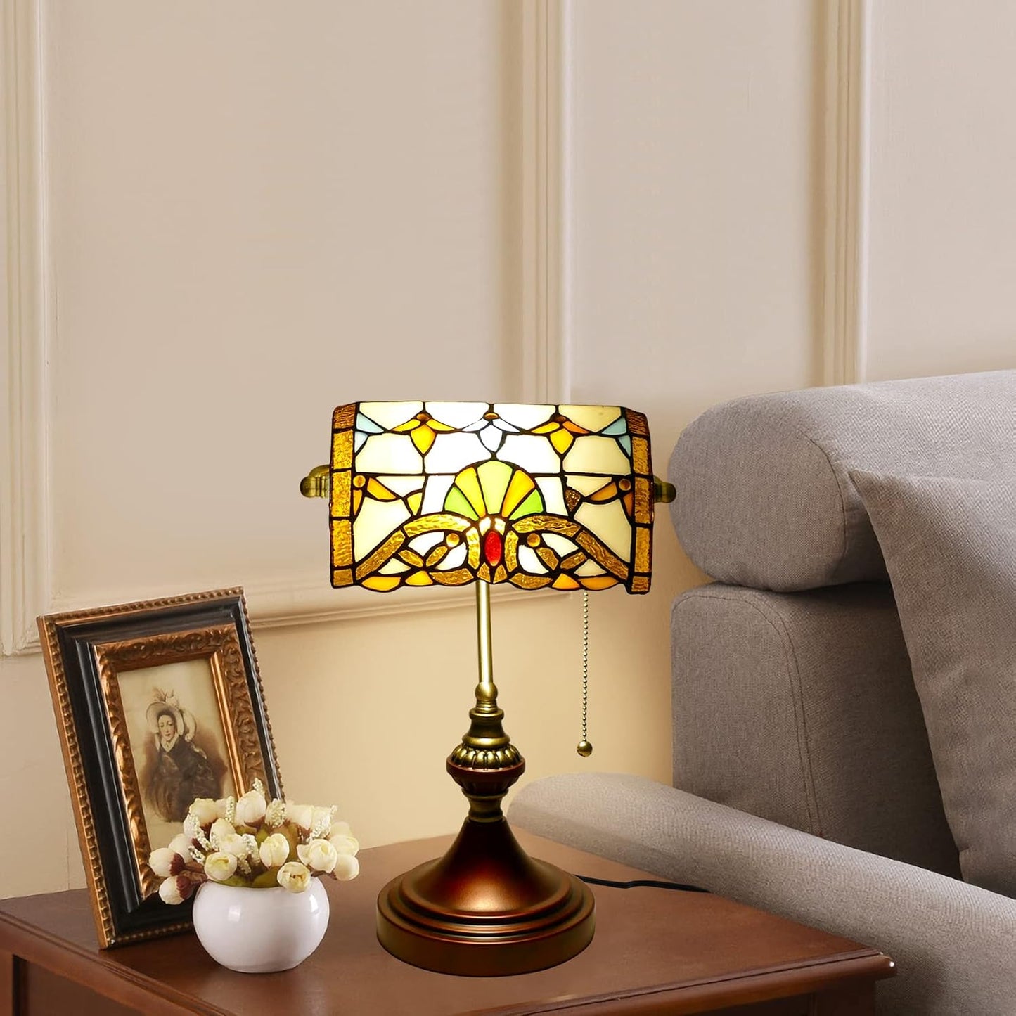 Vintage Beige Baroque Style Banker Lamp with Stained Glass - 10" Wide 15" Tall Tiffany Desk Light for Home Living Room Nightstand