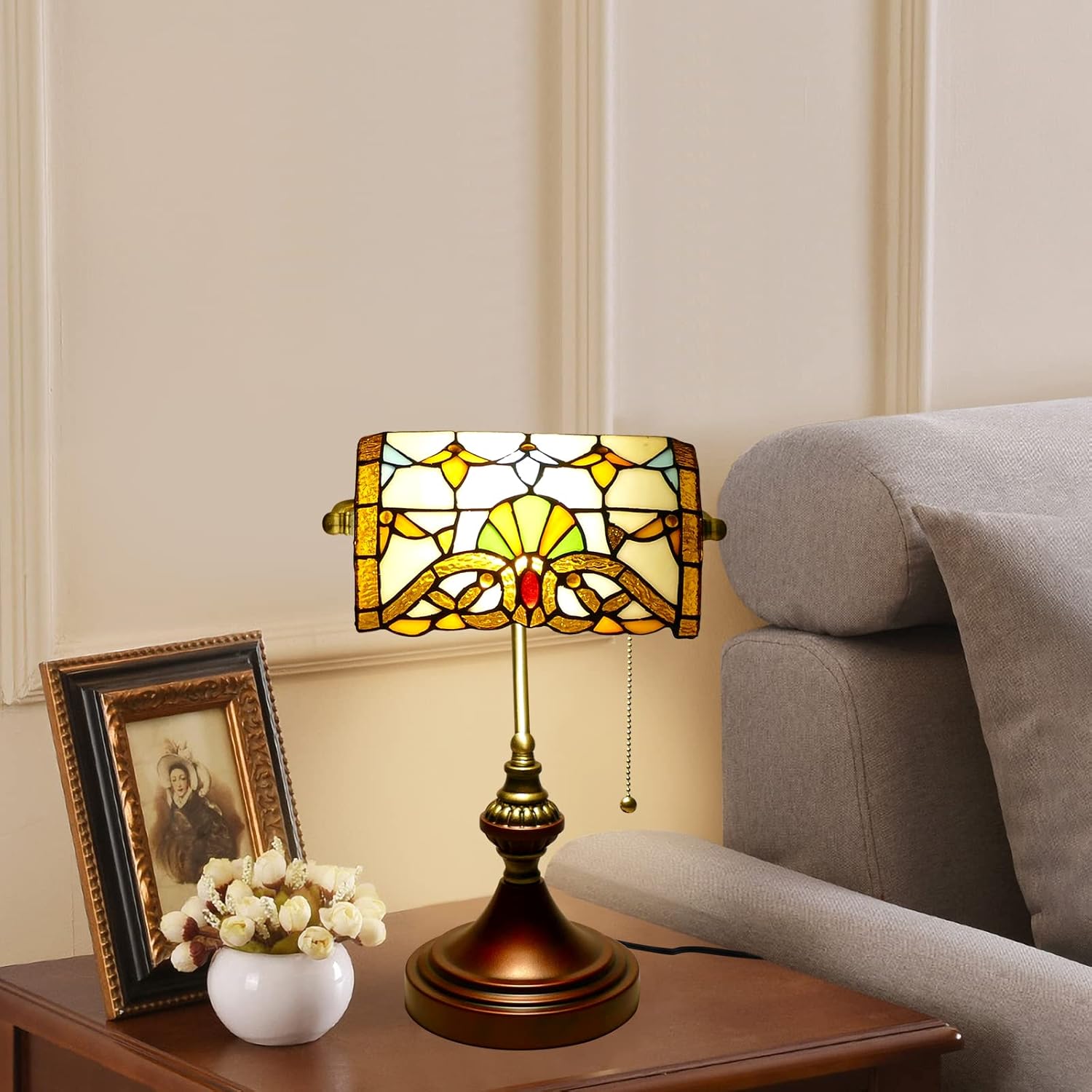 Vintage Beige Baroque Style Banker Lamp with Stained Glass - 10" Wide 15" Tall Tiffany Desk Light for Home Living Room Nightstand