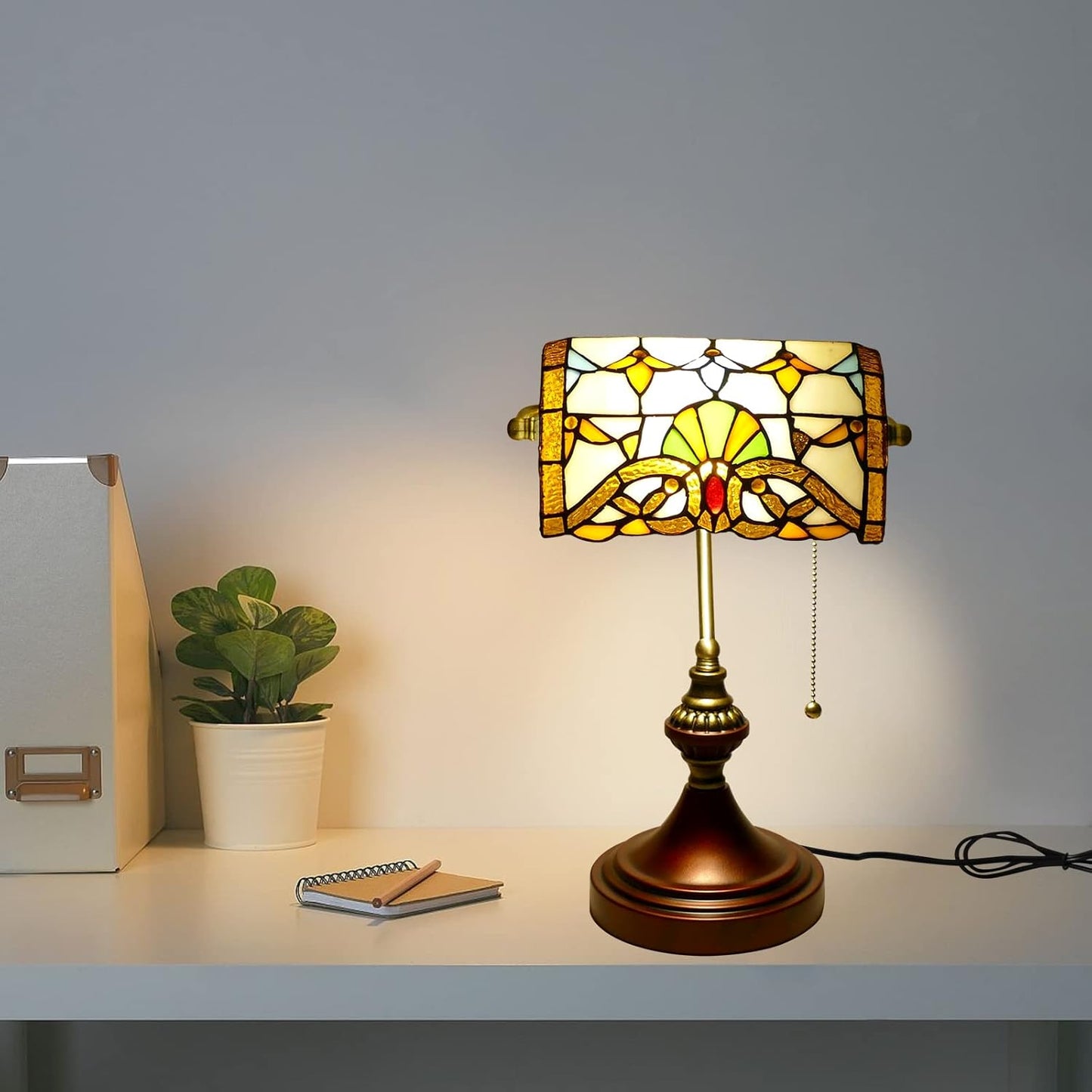 Vintage Beige Baroque Style Banker Lamp with Stained Glass - 10" Wide 15" Tall Tiffany Desk Light for Home Living Room Nightstand