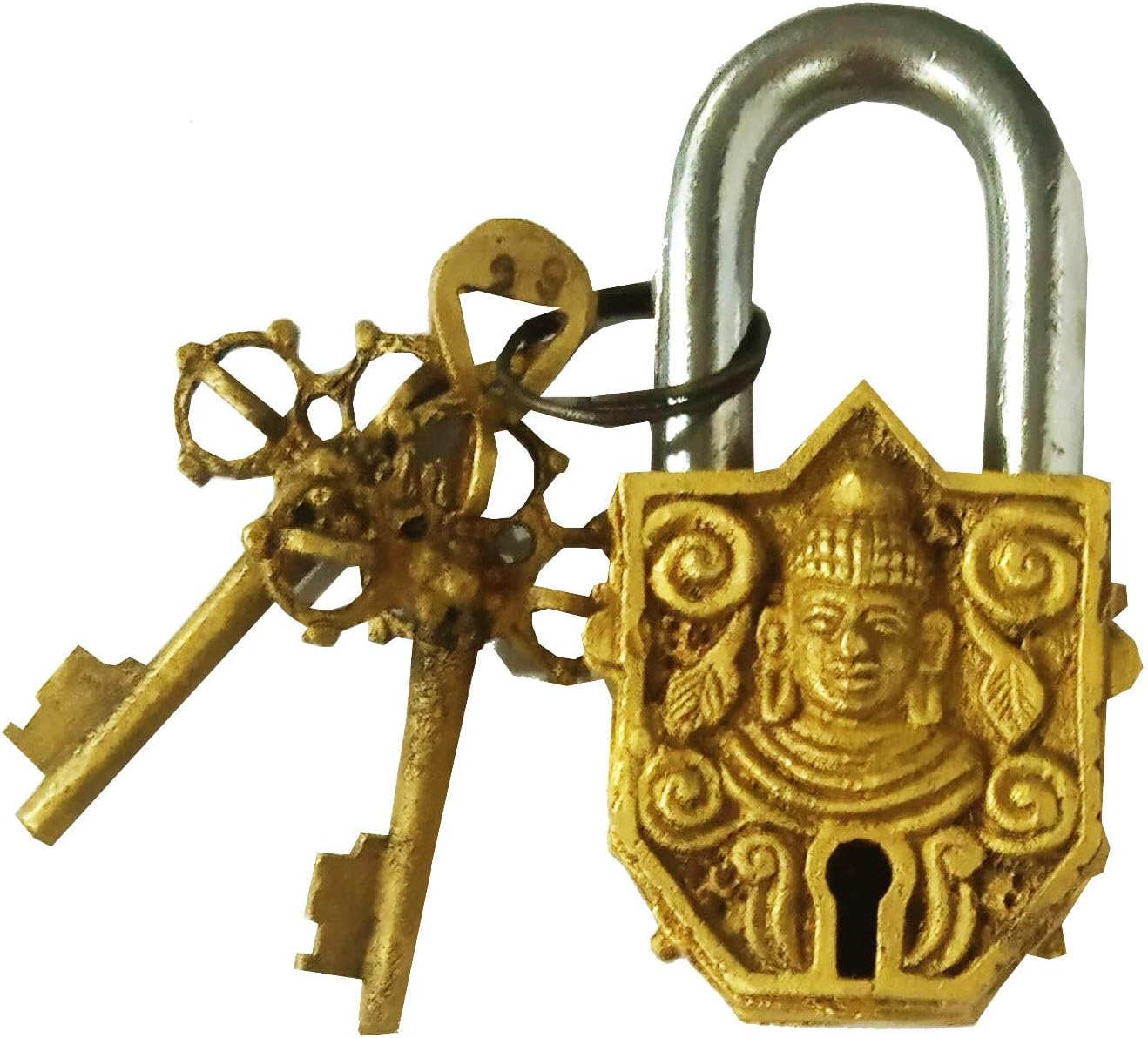 Vintage Brass Padlock with Lord Buddha Design for Small Safety - Purpledip (12142)