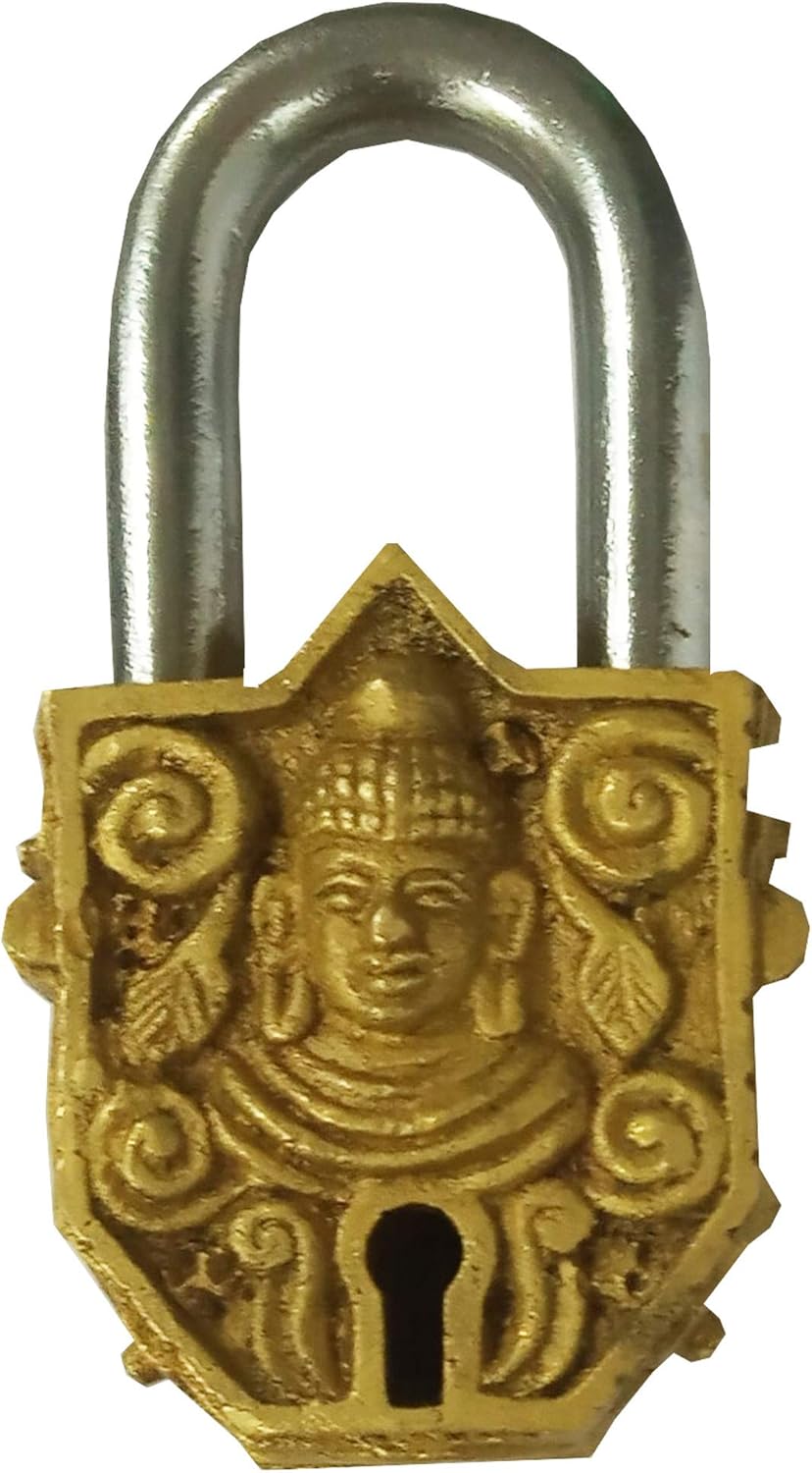 Vintage Brass Padlock with Lord Buddha Design for Small Safety - Purpledip (12142)