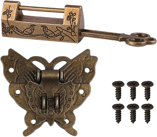 Vintage Chinese Lock and Latch Set with Key for Jewelry Box Decor - Antique Flower Bird Padlock Hardware for Wood Box