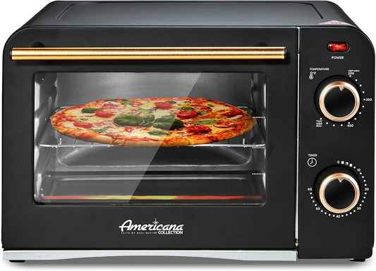 Vintage Diner 50’s Retro Countertop Toaster Oven - Elite Gourmet Americana, Fits 9” Pizza, Bake, Broil, Toast, Temperature Control, 60-Minute Timer, Black, 4 Slice