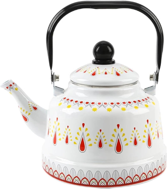 Vintage Enamel Tea Kettle - 1.1L Bell Pot with Folding Handle for Gas & Induction Stoves - White Color