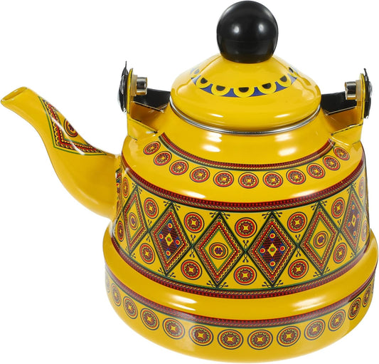 Vintage Enamel Teapot with Handle - 1.1L Yellow Tea Kettle for Stovetop - Floral Design - Hot Water Maker for Tea