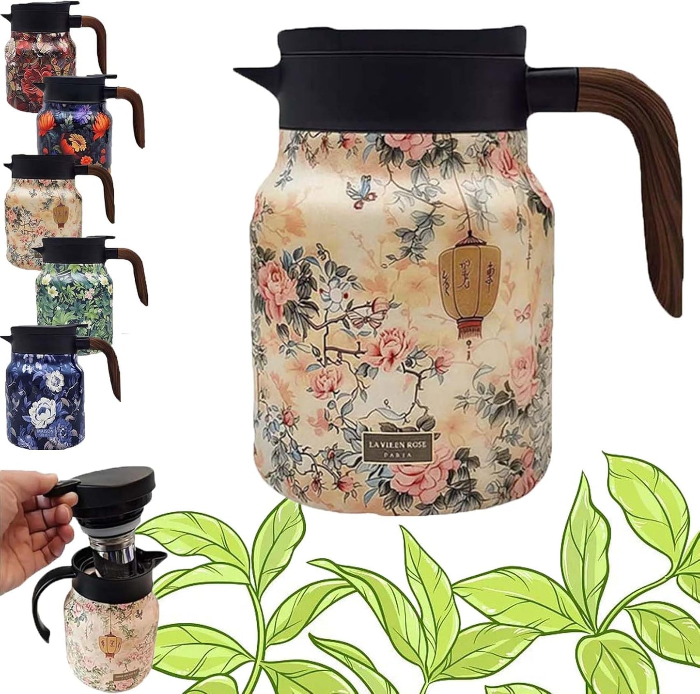 Vintage Floral Pattern Tea Pot with Built-In Infuser and Stainless Steel Thermal Carafe - 800ML