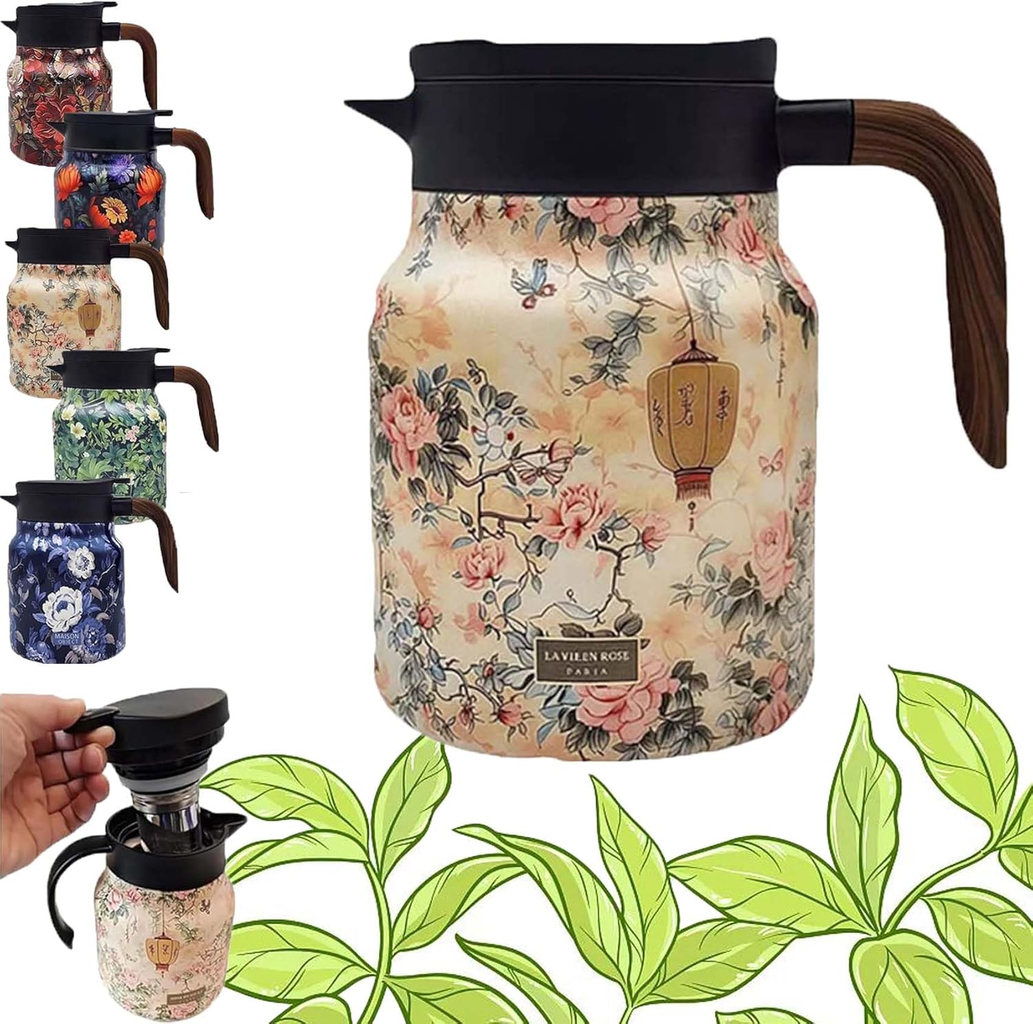 Vintage Floral Pattern Tea Pot with Built-In Infuser and Stainless Steel Thermal Carafe - 800ML