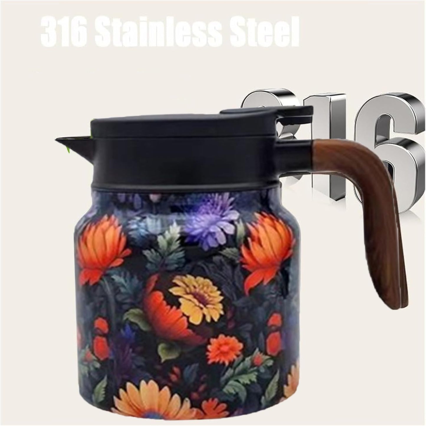 Vintage Floral Pattern Tea Pot with Built-In Infuser and Stainless Steel Thermal Carafe - 800ML