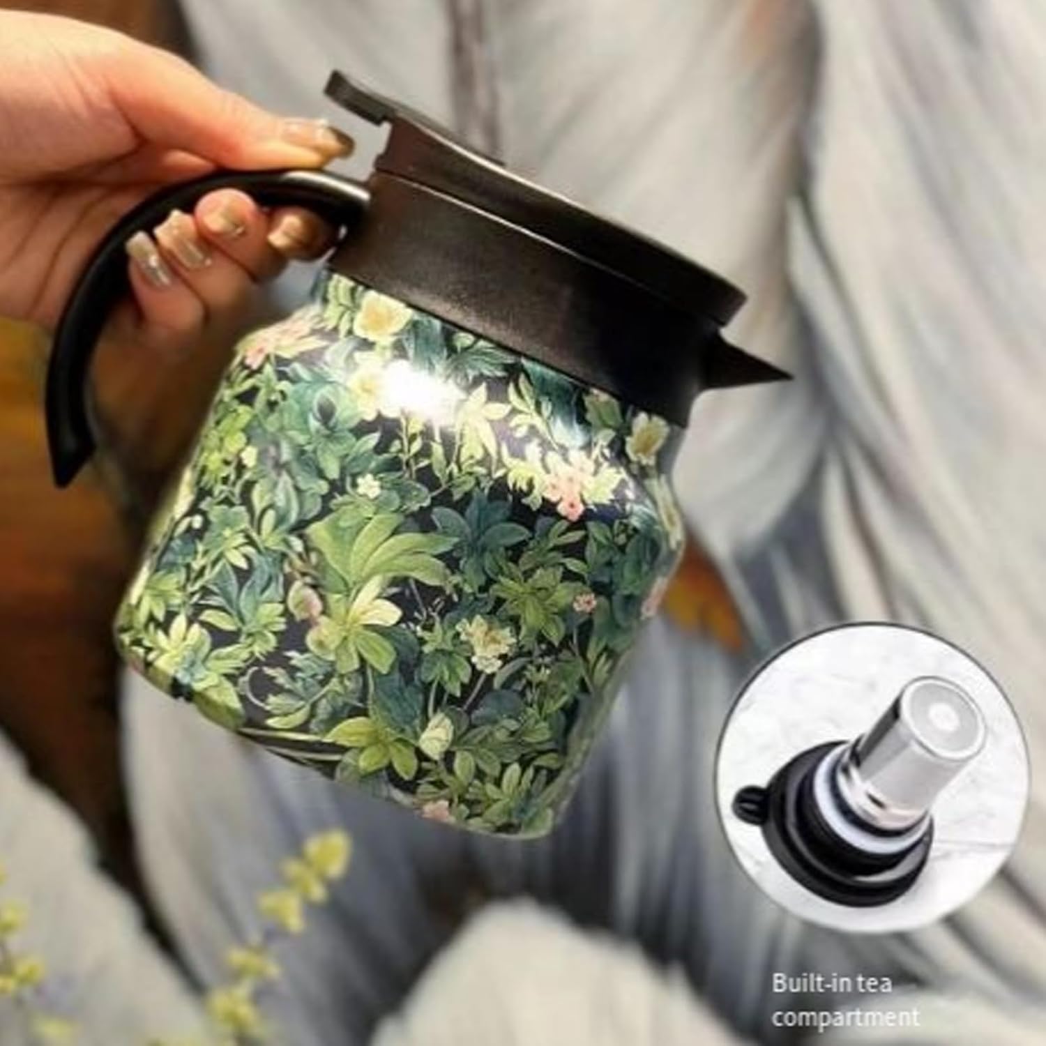 Vintage Floral Pattern Tea Pot with Built-In Infuser and Stainless Steel Thermal Carafe - 800ML