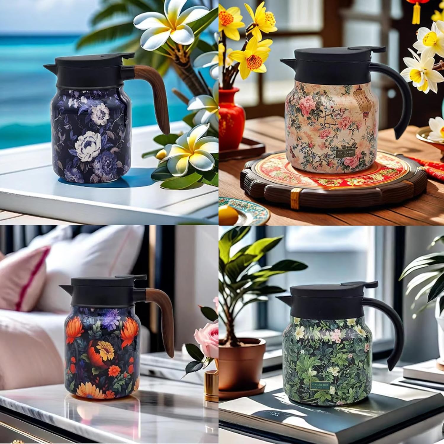 Vintage Floral Pattern Tea Pot with Built-In Infuser and Stainless Steel Thermal Carafe - 800ML