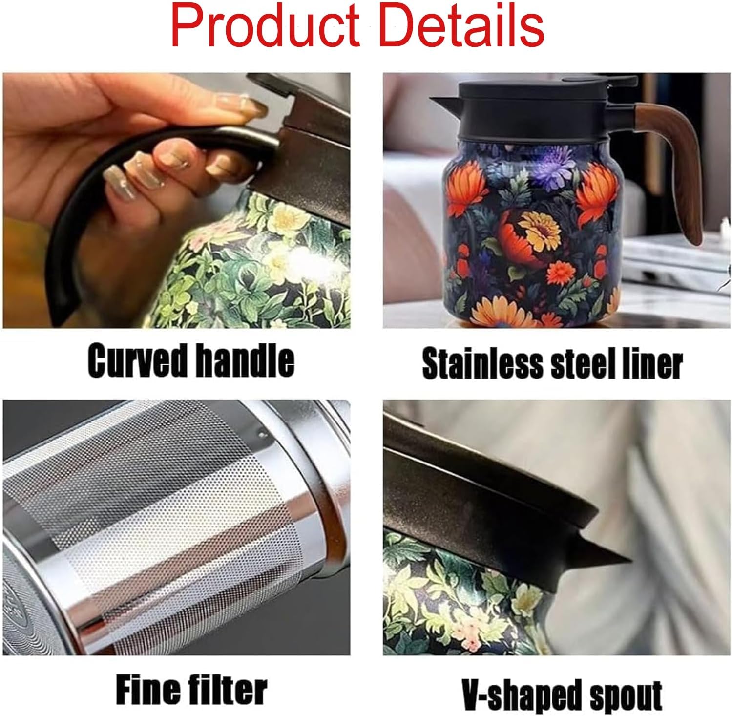 Vintage Floral Pattern Tea Pot with Built-In Infuser and Stainless Steel Thermal Carafe - 800ML