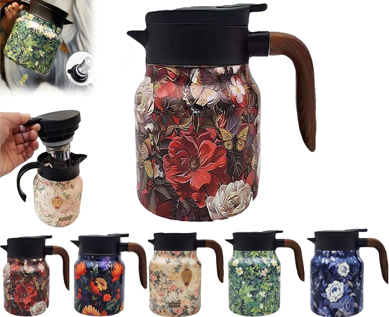 Vintage Floral Pattern Tea Thermos with Built-In Infuser - Stainless Steel Thermal Carafe for Hot Drinks