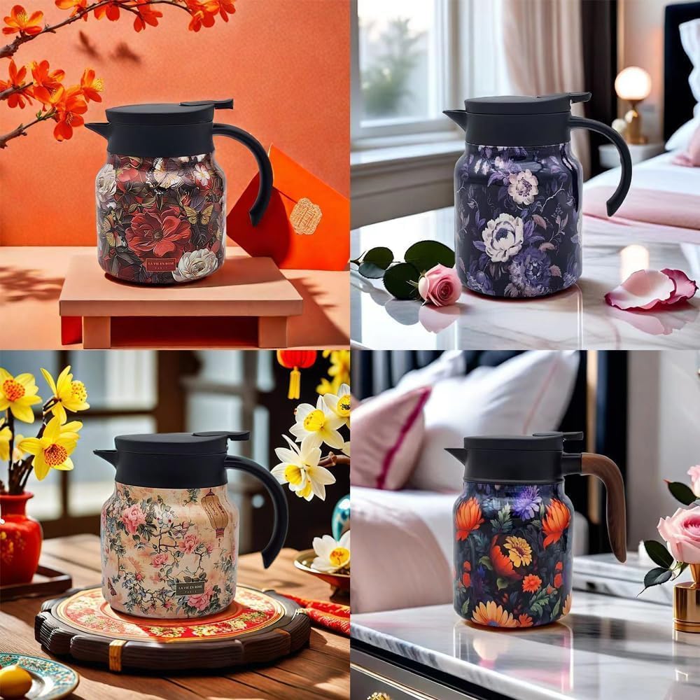 Vintage Floral Pattern Tea Thermos with Built-In Infuser - Stainless Steel Thermal Carafe for Hot Drinks