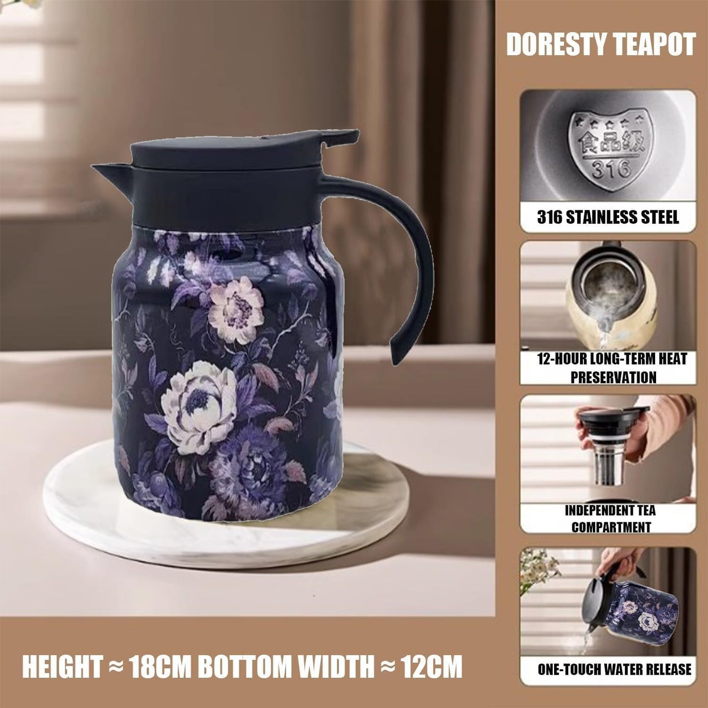 Vintage Floral Pattern Tea Thermos with Built-In Infuser - Stainless Steel Thermal Carafe for Hot Drinks