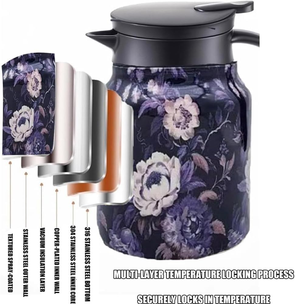 Vintage Floral Pattern Tea Thermos with Built-In Infuser - Stainless Steel Thermal Carafe for Hot Drinks