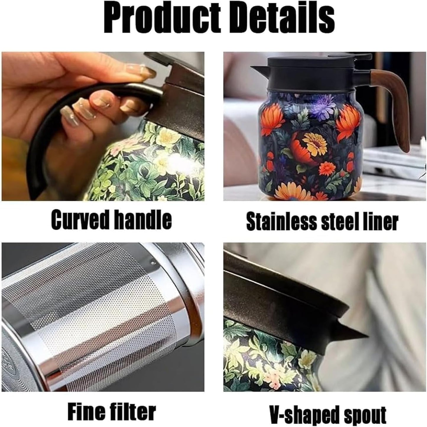 Vintage Floral Pattern Tea Thermos with Built-In Infuser - Stainless Steel Thermal Carafe for Hot Drinks