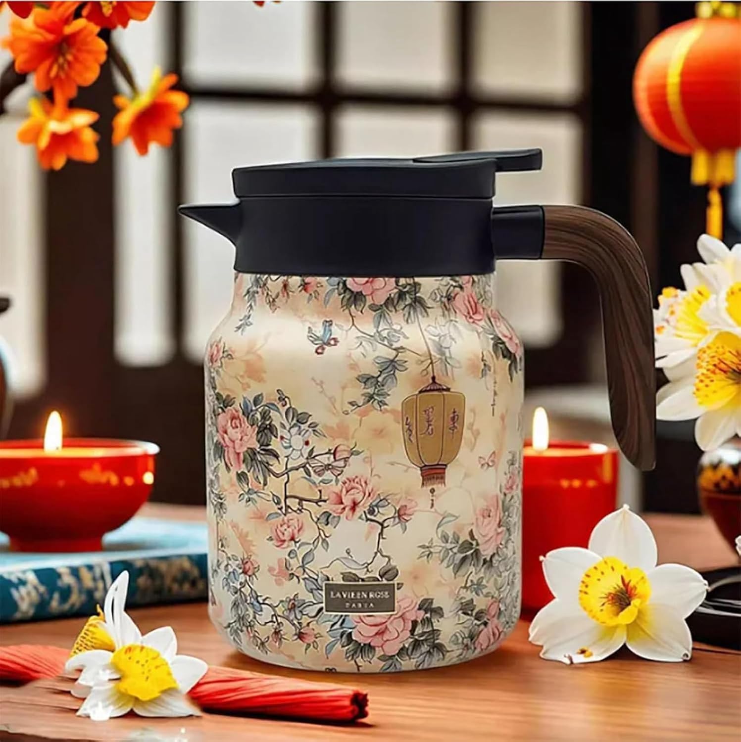 Vintage Floral Pattern Tea Thermos with Built-In Infuser - Stainless Steel Thermal Carafe for Hot Drinks