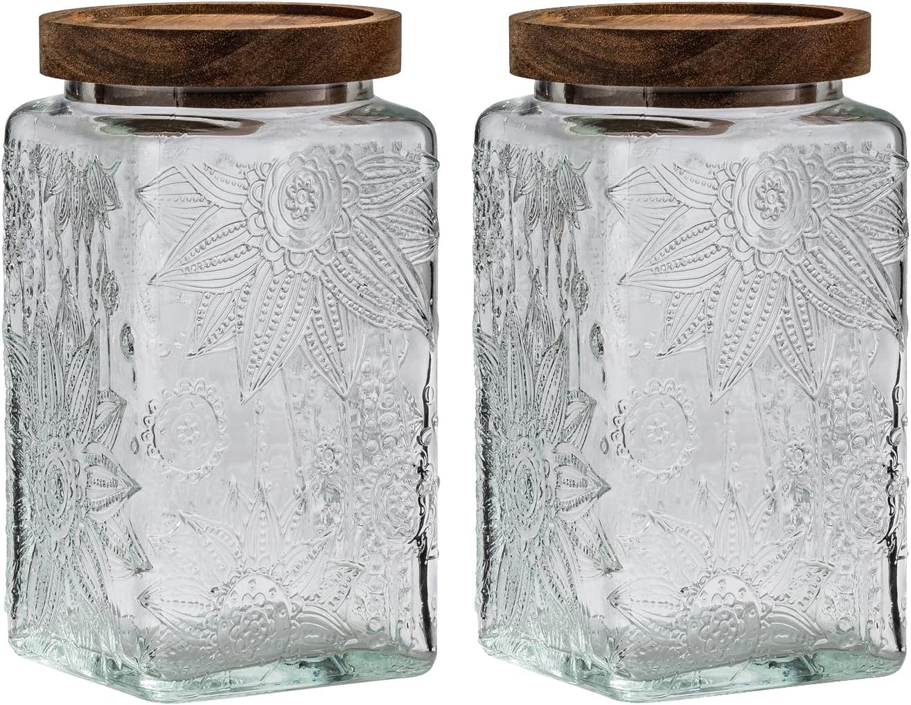 Vintage Glass Sealed Storage Jar with Wooden Lid - Kitchen Food Container for Coffee Beans, Oats, Flour, Cereal - Sunflower Design