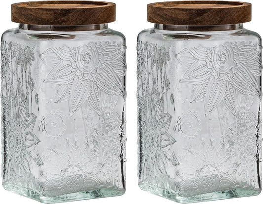 Vintage Glass Sealed Storage Jar with Wooden Lid - Kitchen Food Container for Coffee Beans, Oats, Flour, Cereal - Sunflower Design