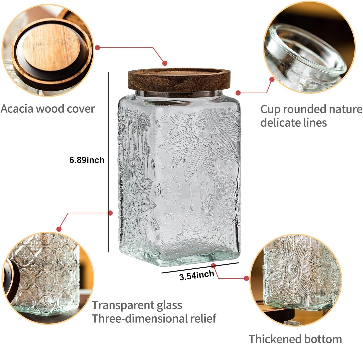 Vintage Glass Sealed Storage Jar with Wooden Lid - Kitchen Food Container for Coffee Beans, Oats, Flour, Cereal - Sunflower Design