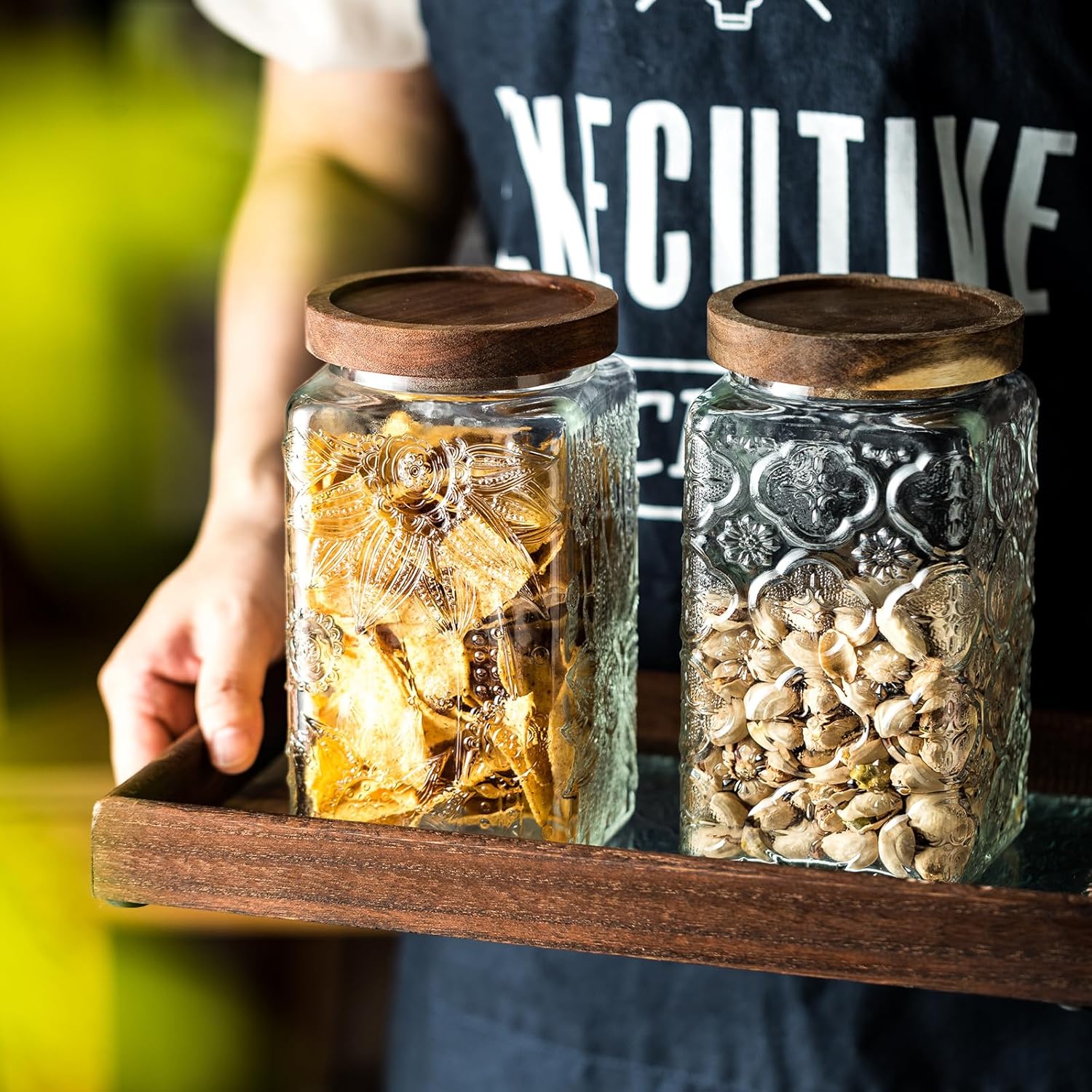 Vintage Glass Sealed Storage Jar with Wooden Lid - Kitchen Food Container for Coffee Beans, Oats, Flour, Cereal - Sunflower Design