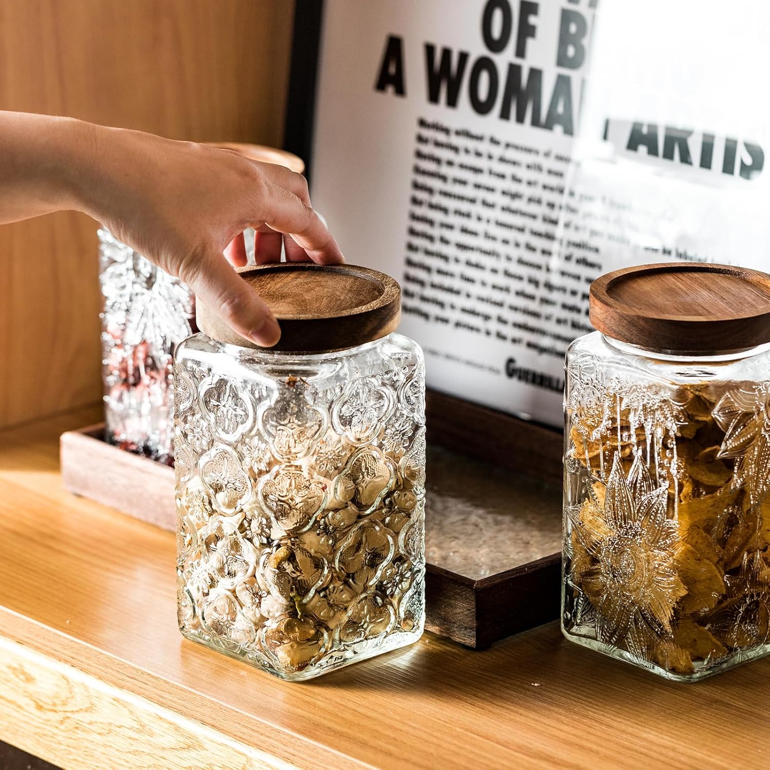 Vintage Glass Sealed Storage Jar with Wooden Lid - Kitchen Food Container for Coffee Beans, Oats, Flour, Cereal - Sunflower Design