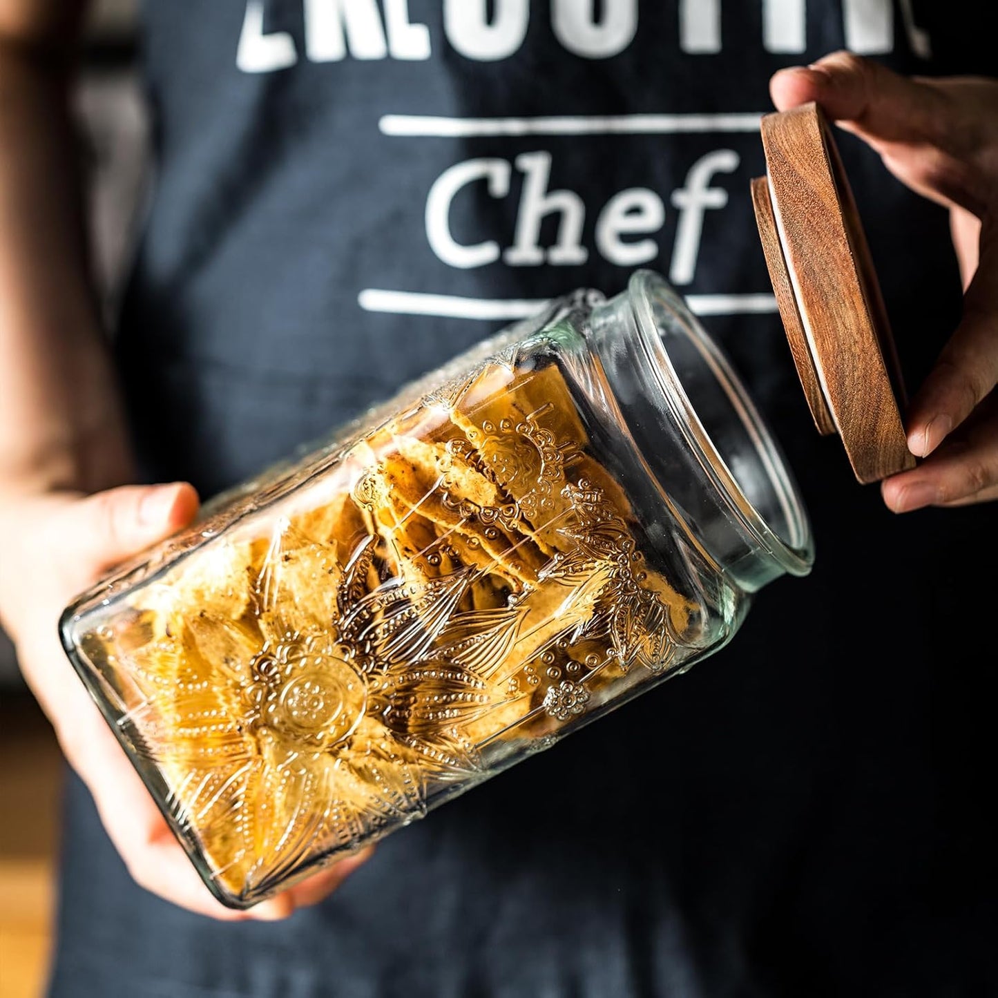 Vintage Glass Sealed Storage Jar with Wooden Lid - Kitchen Food Container for Coffee Beans, Oats, Flour, Cereal - Sunflower Design