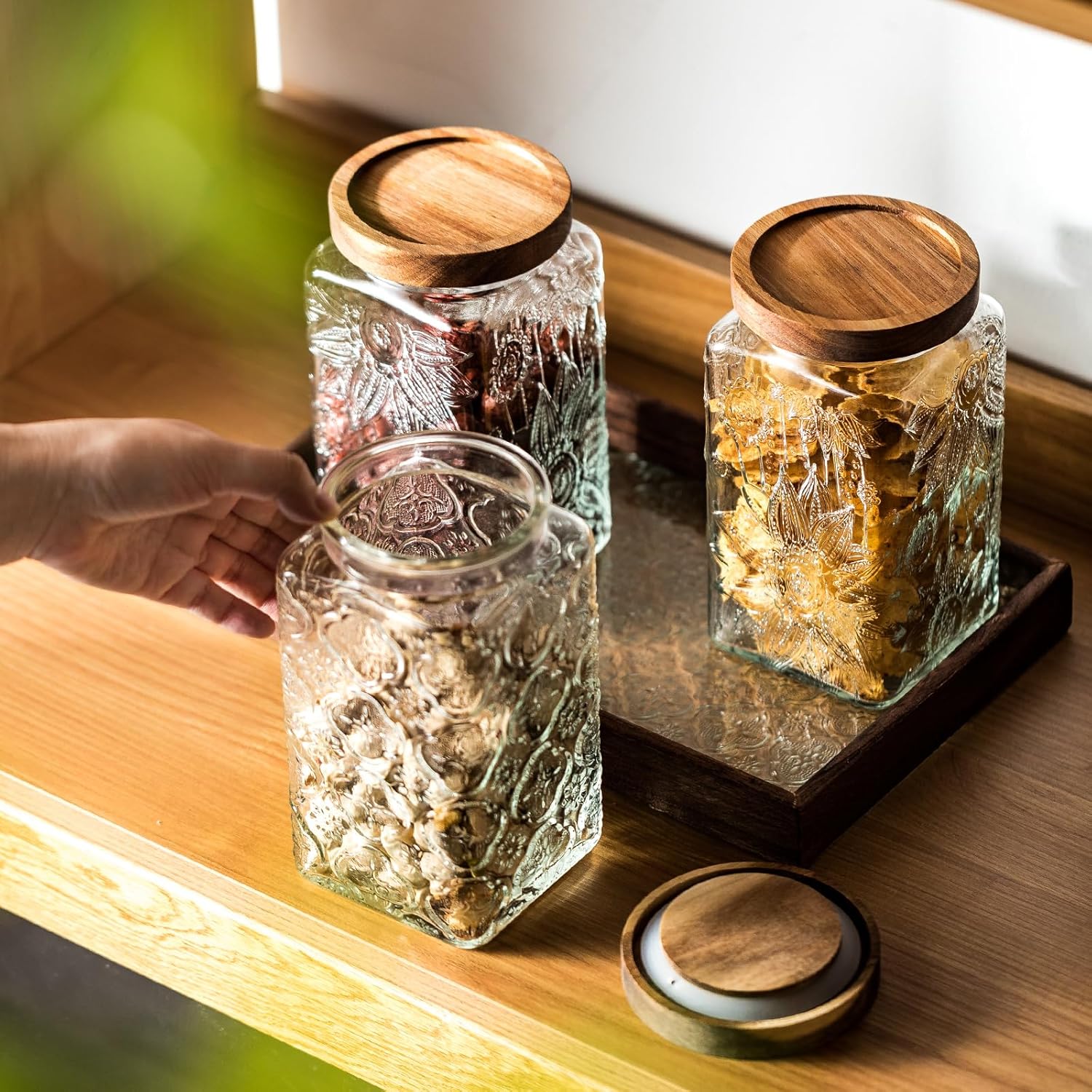 Vintage Glass Sealed Storage Jar with Wooden Lid - Kitchen Food Container for Coffee Beans, Oats, Flour, Cereal - Sunflower Design