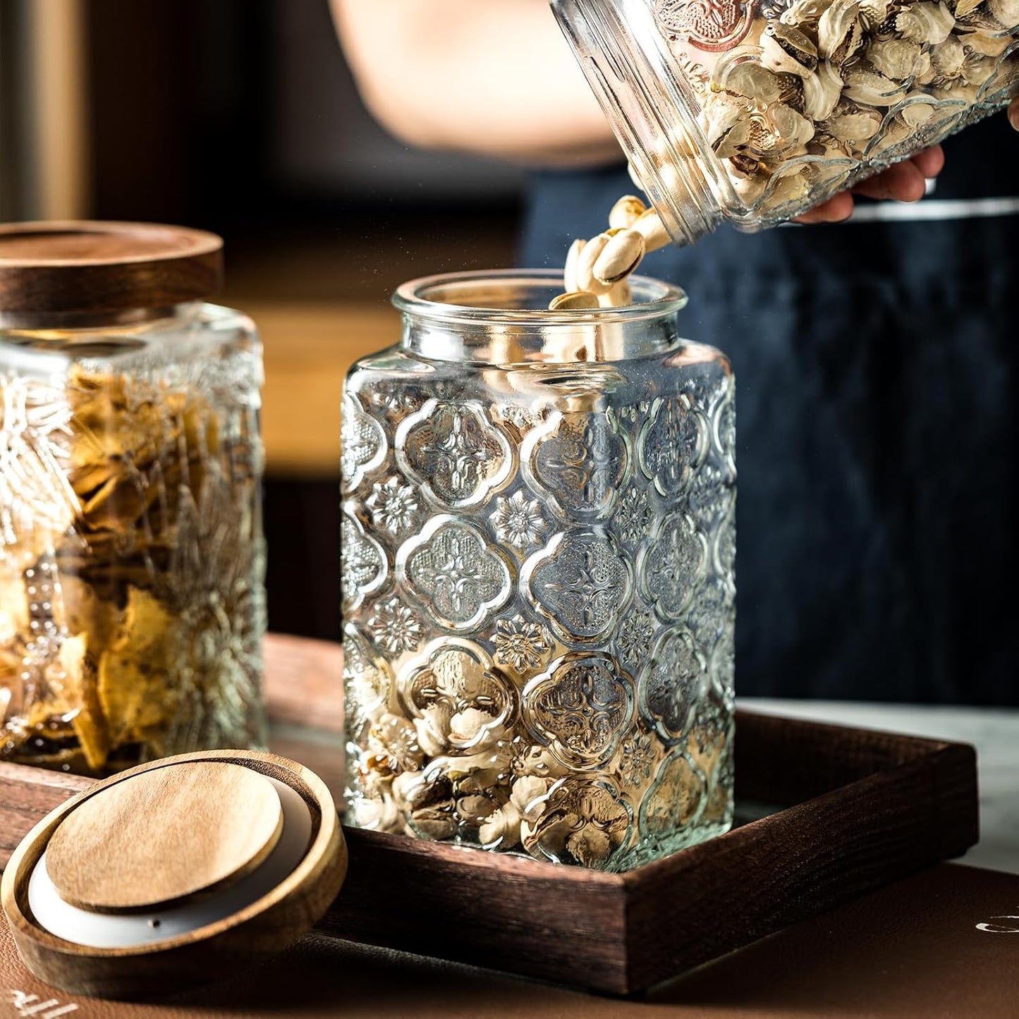 Vintage Glass Sealed Storage Jar with Wooden Lid - Kitchen Food Container for Coffee Beans, Oats, Flour, Cereal - Sunflower Design