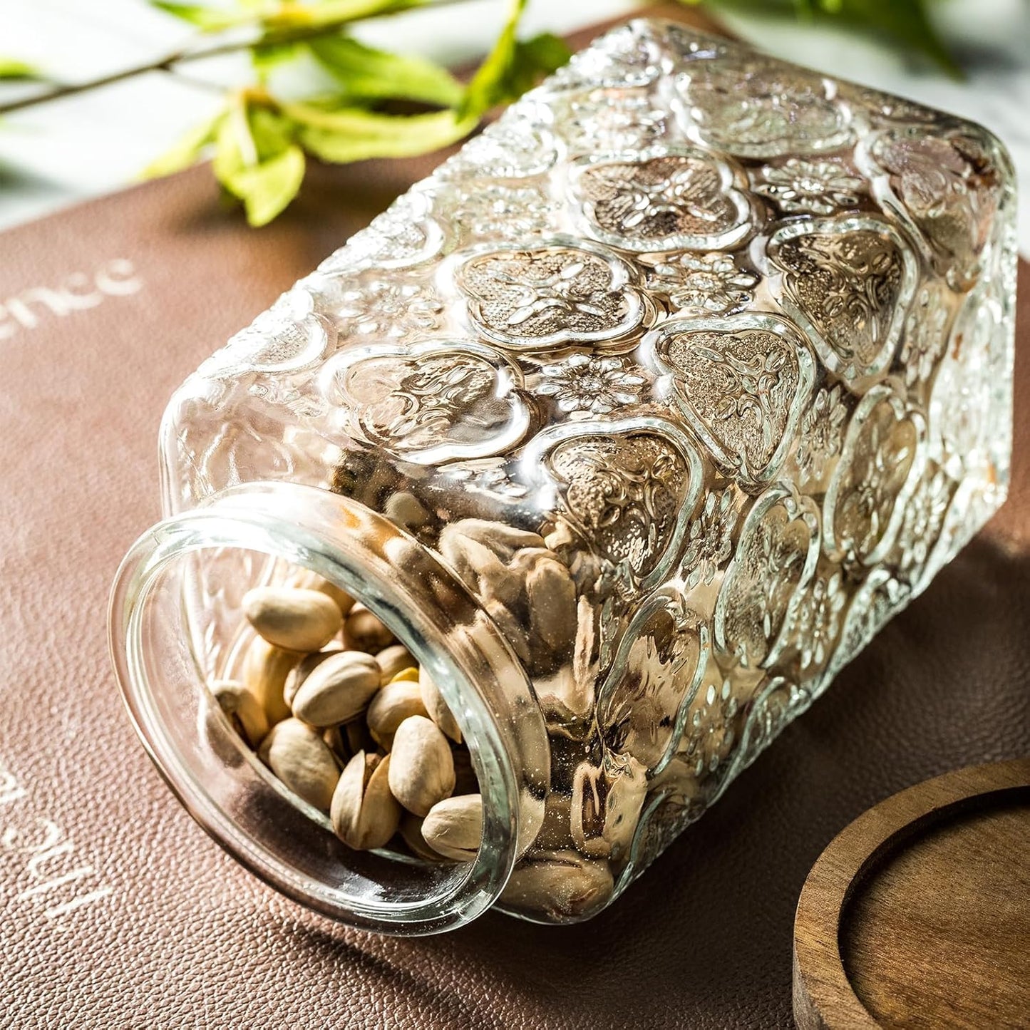 Vintage Glass Sealed Storage Jar with Wooden Lid - Kitchen Food Container for Coffee Beans, Oats, Flour, Cereal - Sunflower Design