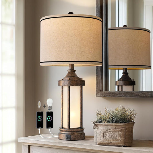 Vintage Industrial 25'' Table Lamp with USB Ports and Night Light - Bronze Finish - Perfect for Living Room or Bedroom