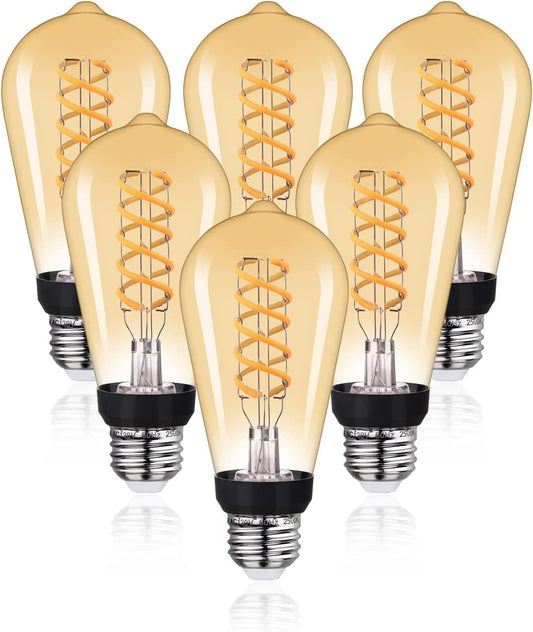 Vintage LED Edison Bulb 6W Warm White 2500K Amber Glass Spiral Filament Light Bulb Dimmable 6 Pack