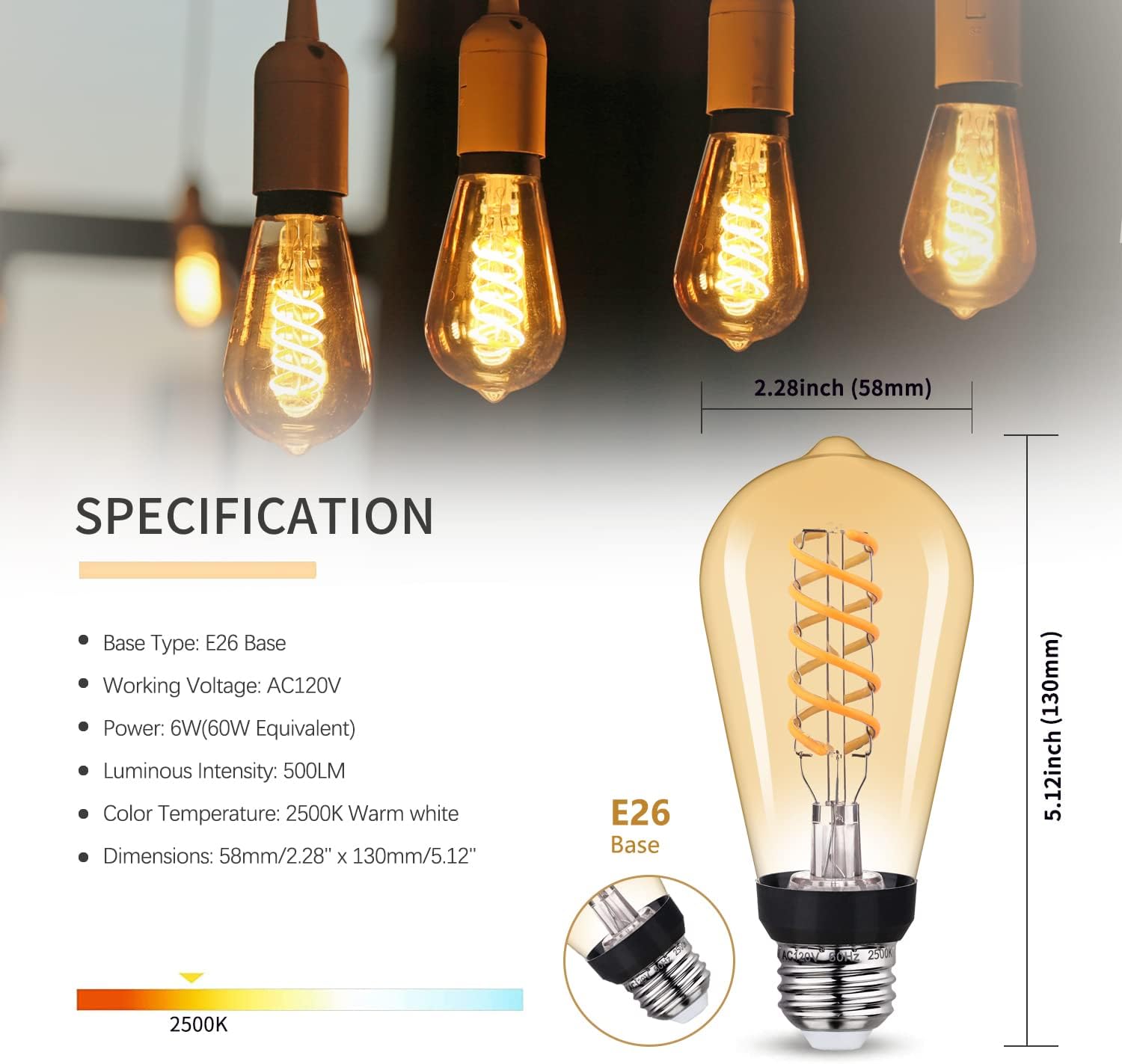 Vintage LED Edison Bulb 6W Warm White 2500K Amber Glass Spiral Filament Light Bulb Dimmable 6 Pack