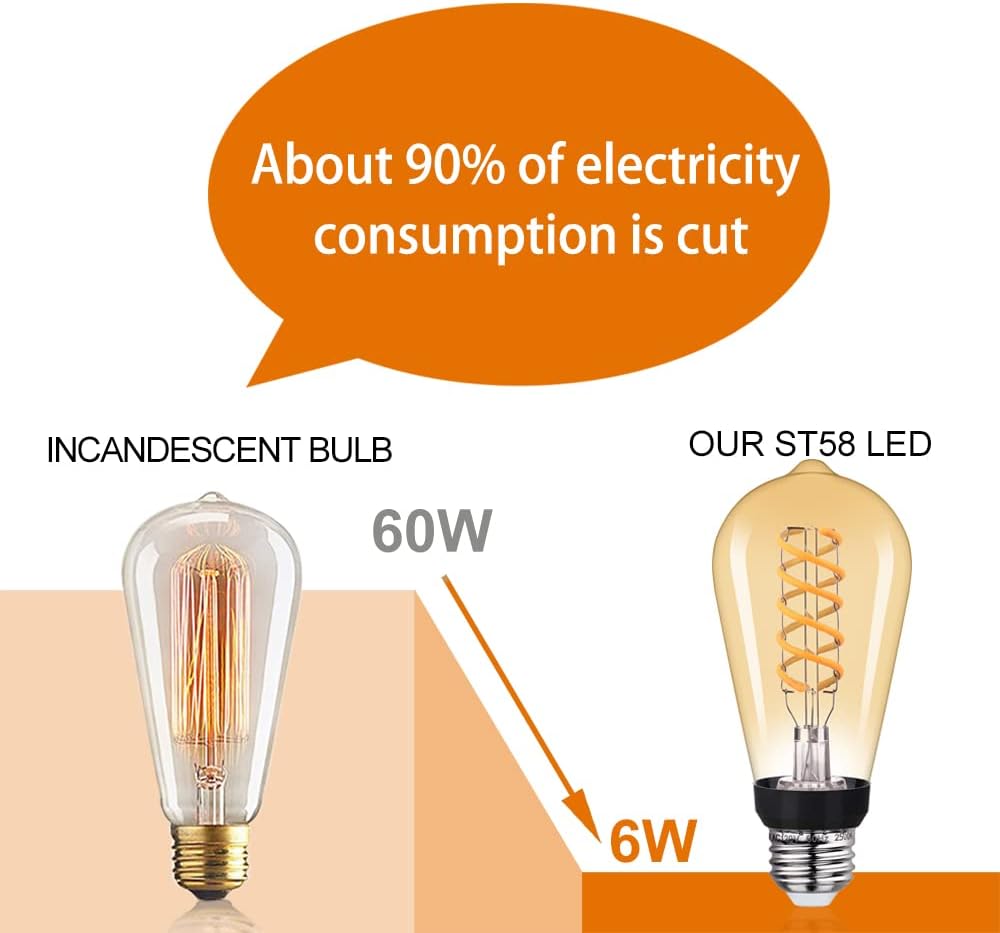 Vintage LED Edison Bulb 6W Warm White 2500K Amber Glass Spiral Filament Light Bulb Dimmable 6 Pack