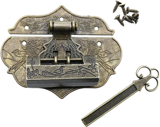Vintage Lock Kit with Decorative Toggle Latch and Key Hasp for Cabinets, Toolboxes, and Jewelry Boxes
