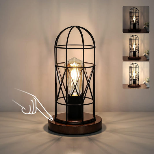 Vintage Metal Cage Table Lamp with Touch Control & 3 Way Dimmable Settings - Ideal for Bedroom or Kitchen Décor