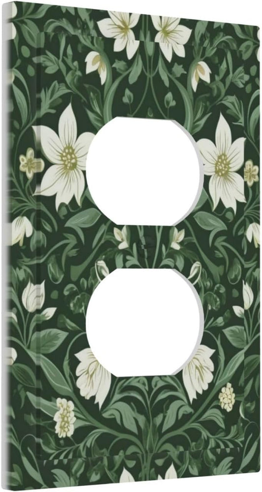 Vintage Morris Floral White Flowers Green Leaf Tree Vine Decorative Outlet Cover Plate - Single Gang Wall Plate for Light Switch and Plug Covers