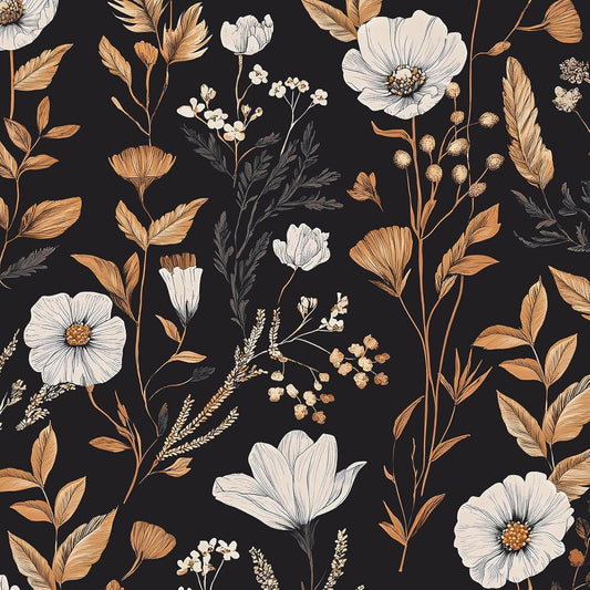Vintage Retro Peel and Stick Floral Wallpaper in Black Gold Yellow - Removable Contact Paper for Home Decor - 17.5" x 118