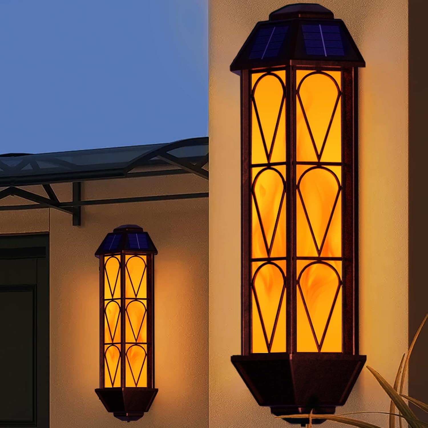 Vintage Solar Wall Lights with Flickering Flame Effect, Waterproof Outdoor Lighting for House Garden Patio - Set of 2