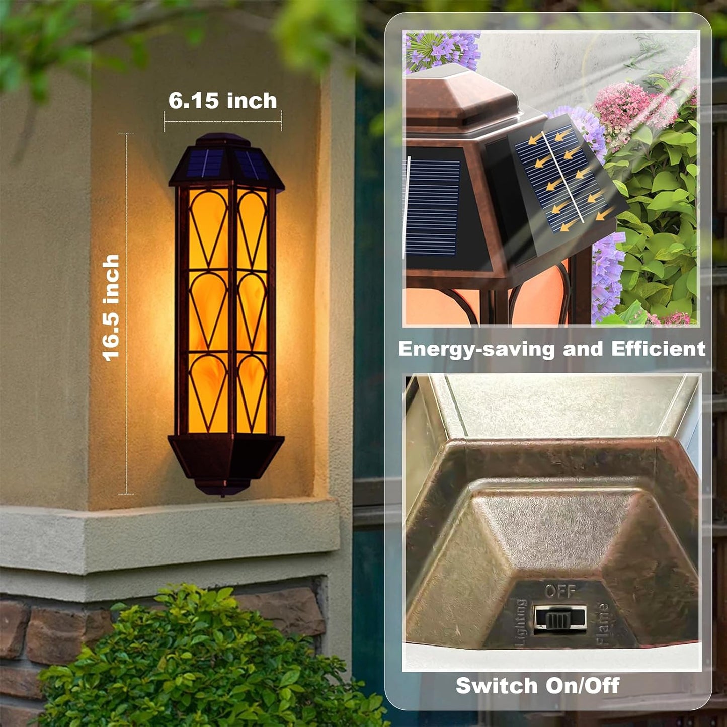 Vintage Solar Wall Lights with Flickering Flame Effect, Waterproof Outdoor Lighting for House Garden Patio - Set of 2